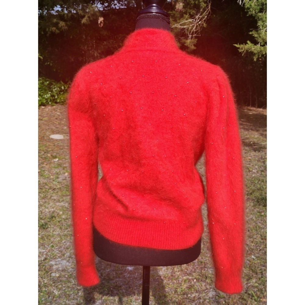 ANGORA Vtg TOMATO RED SWEATER Soft Bead Puff Sleeve Pullover Hi Neck Top M 38 - Picture 6 of 8